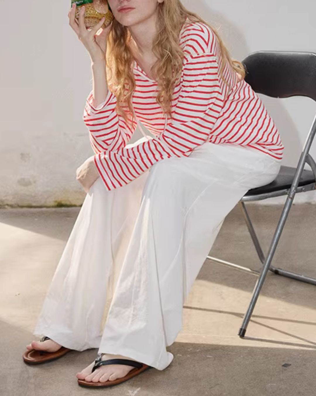 Drawstring V-neck Border T-shirt LT027
