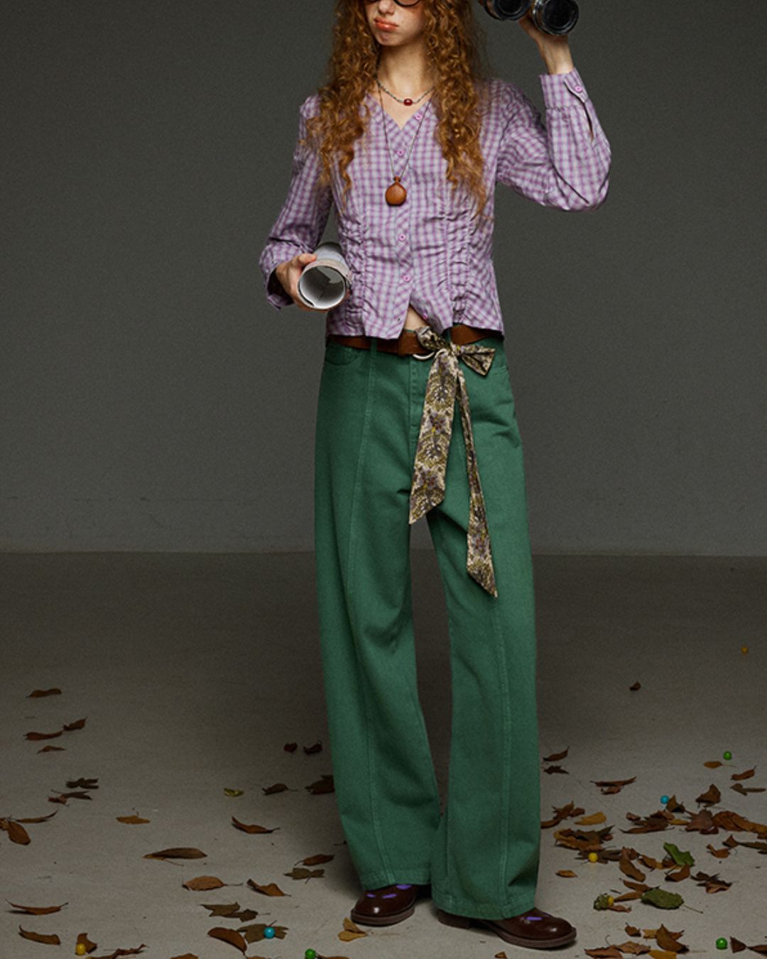 Check V-neck Shirred Shirt LS028