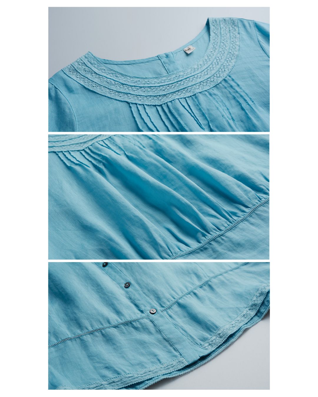 Back Button Lace Round Neck Shirt LS045