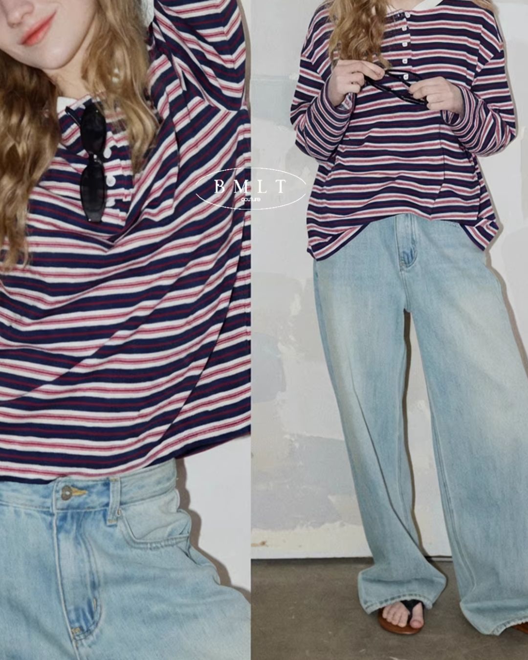 Relaxed Border Henley Neck T-shirt LT032