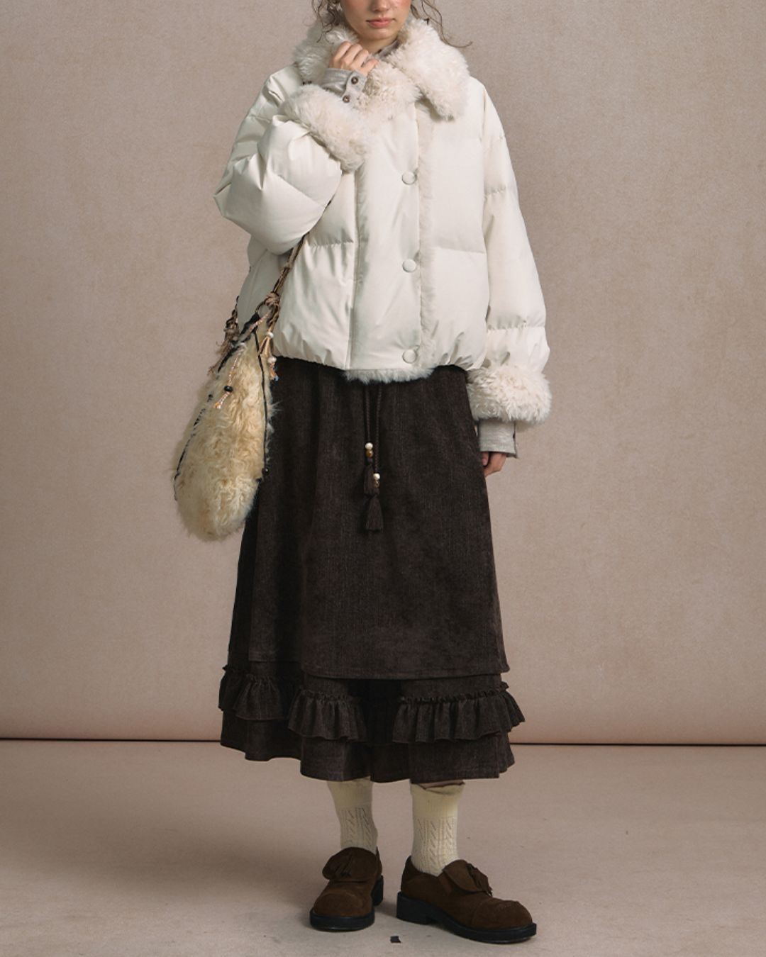 Asymmetrical Fur Short Down Jacket　JK065