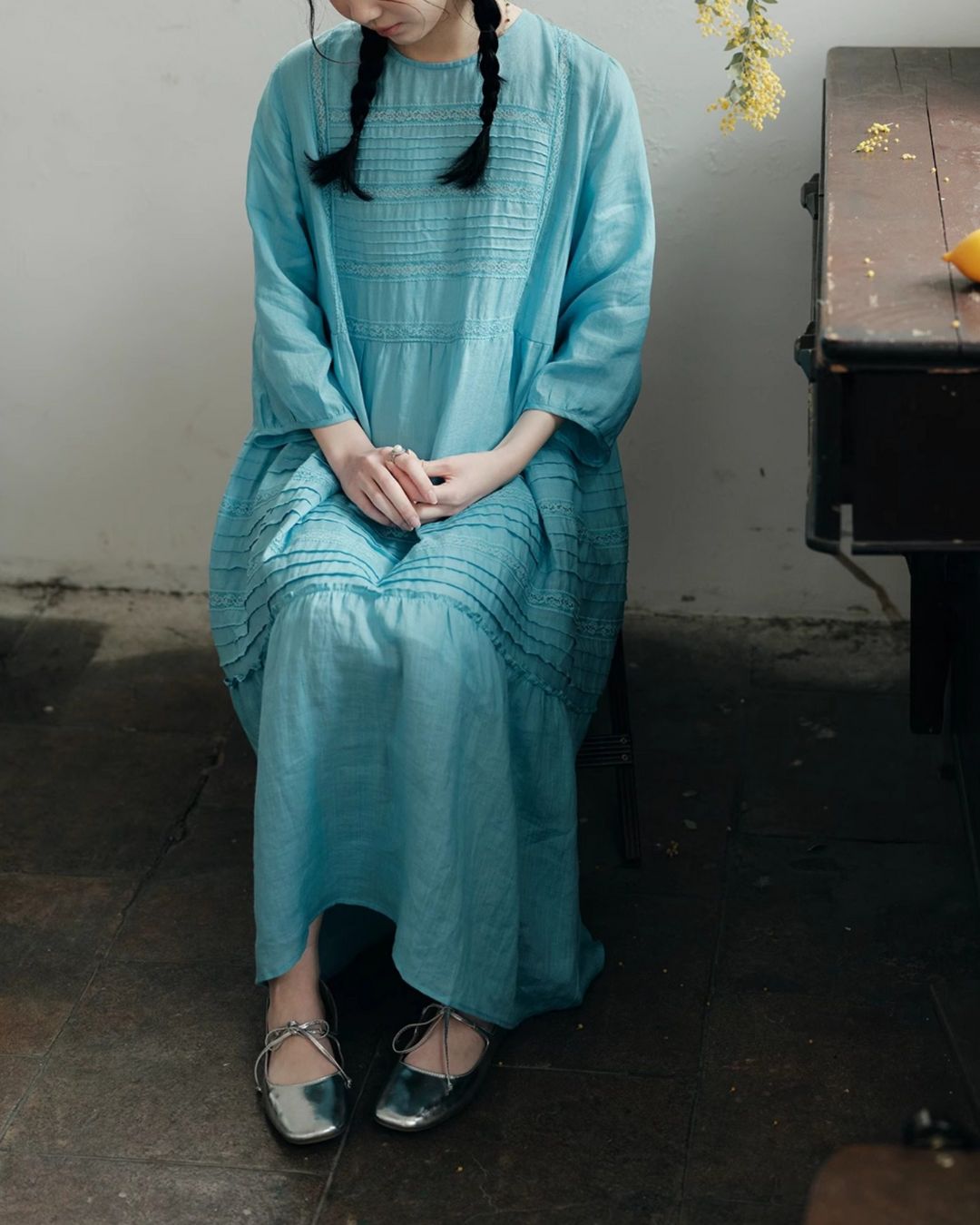 Round Neck 3/4 Sleeve Ramie Dress　OP004