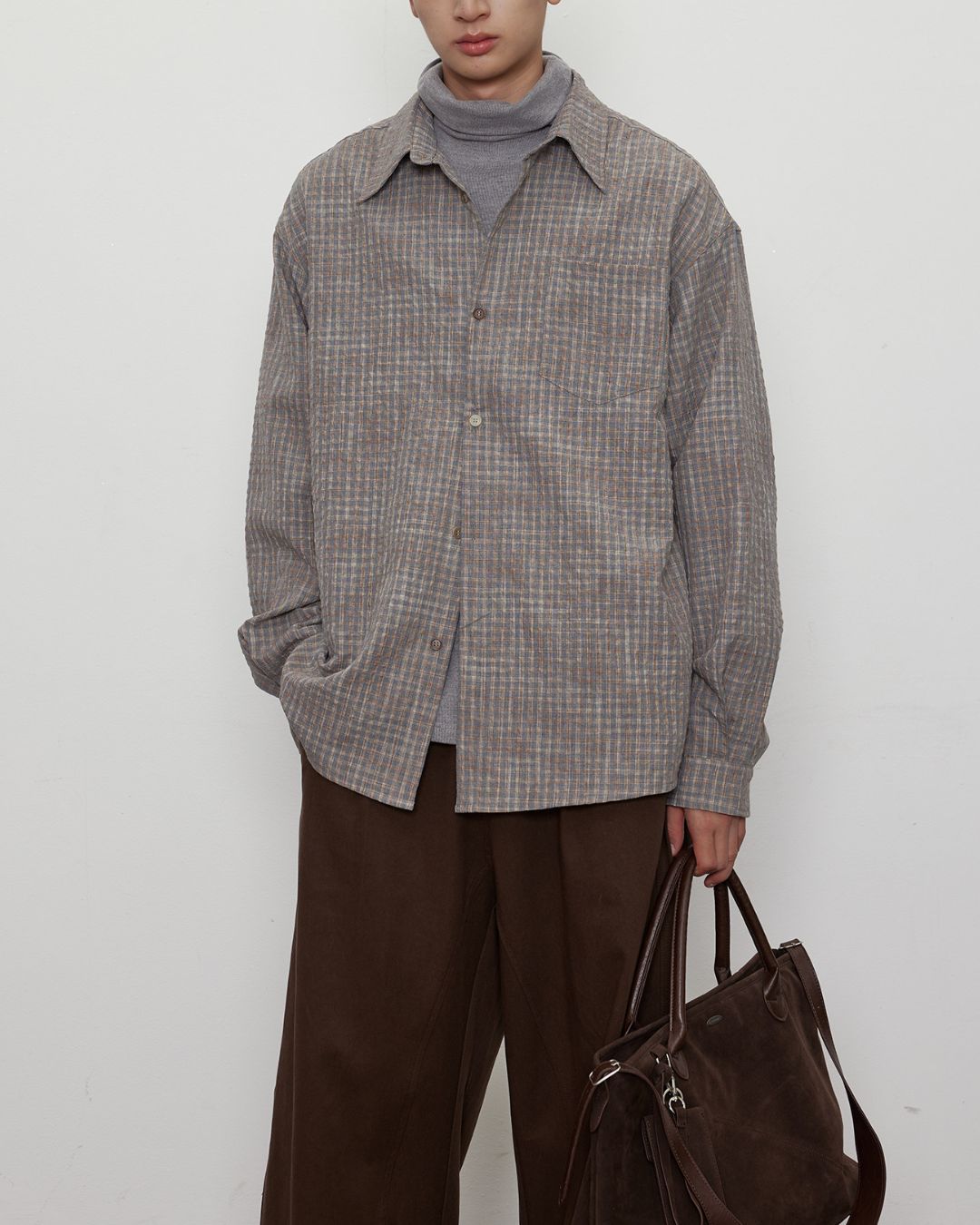 Gradient Button Gray-brown Check Shirt　LS048