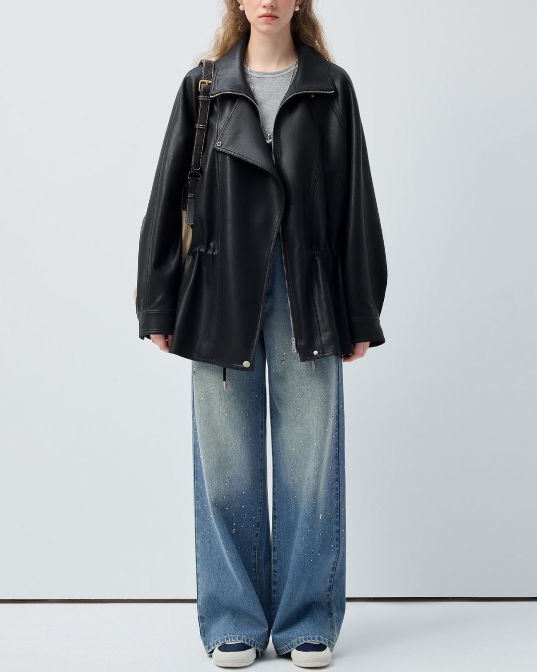 Drawstring Waist Mid-length Leather Jacket　JK086