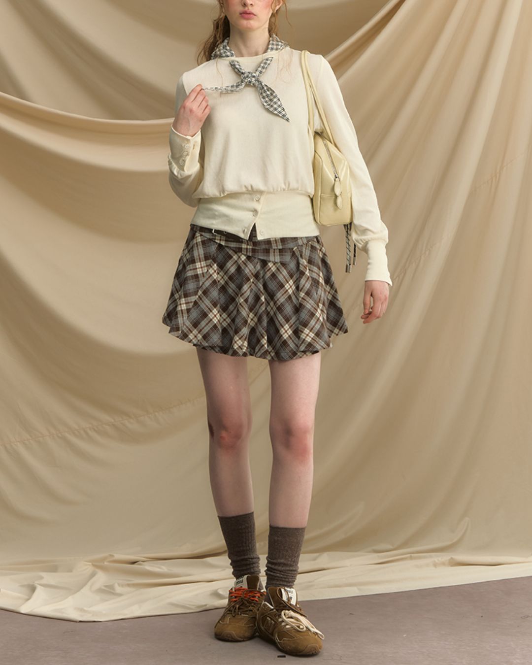 Checkered Scarf Buttoned Top　LT005