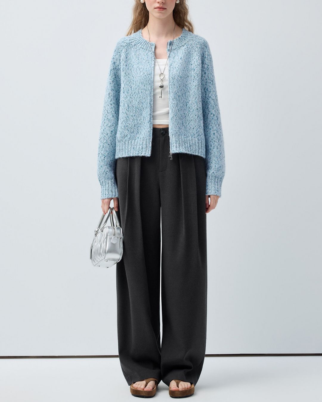 Double-zip Crew Neck Nep Knit Cardigan　KN100