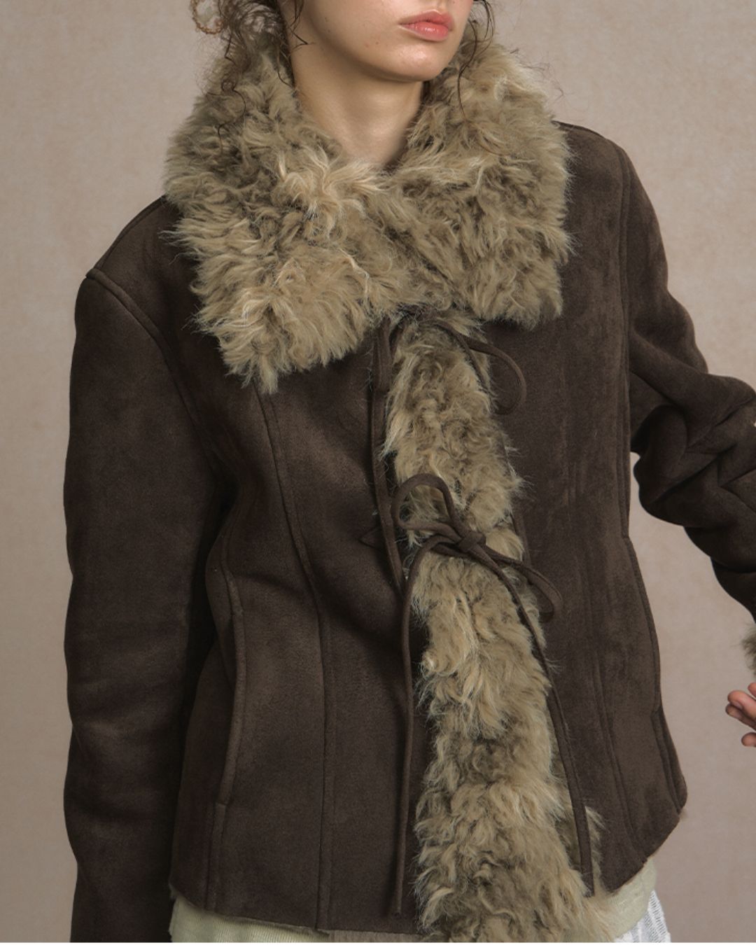 Ribbon-tied Fur Suede Jacket　JK066