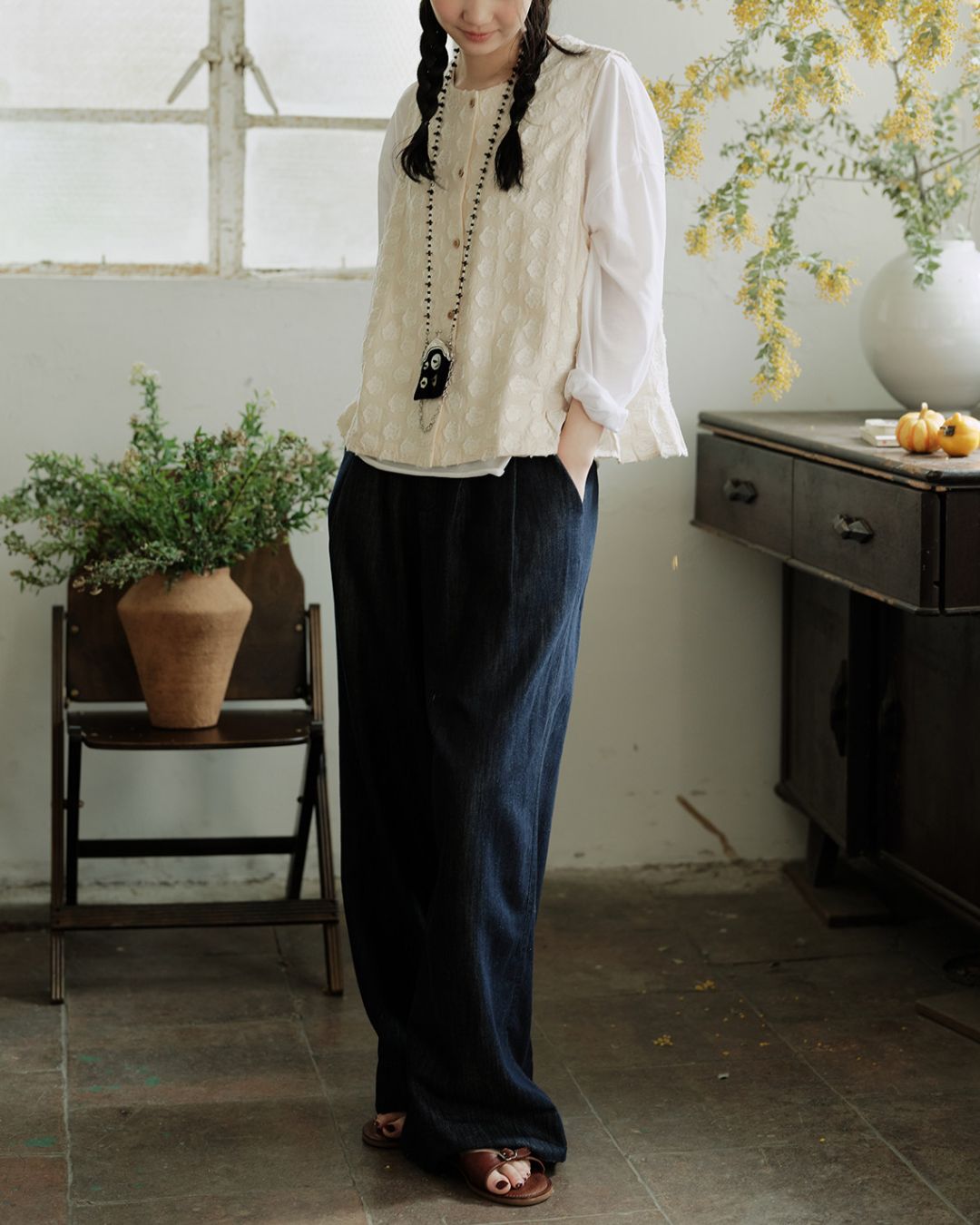 Cotton Linen Jacquard Peplum Vest　VT017