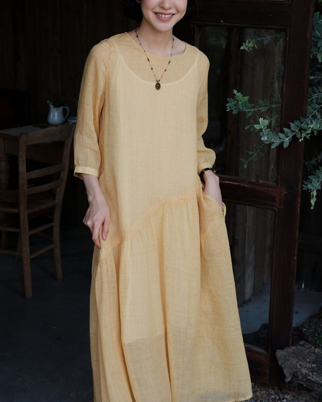Ramie Drawstring A-Line Dress　OP005