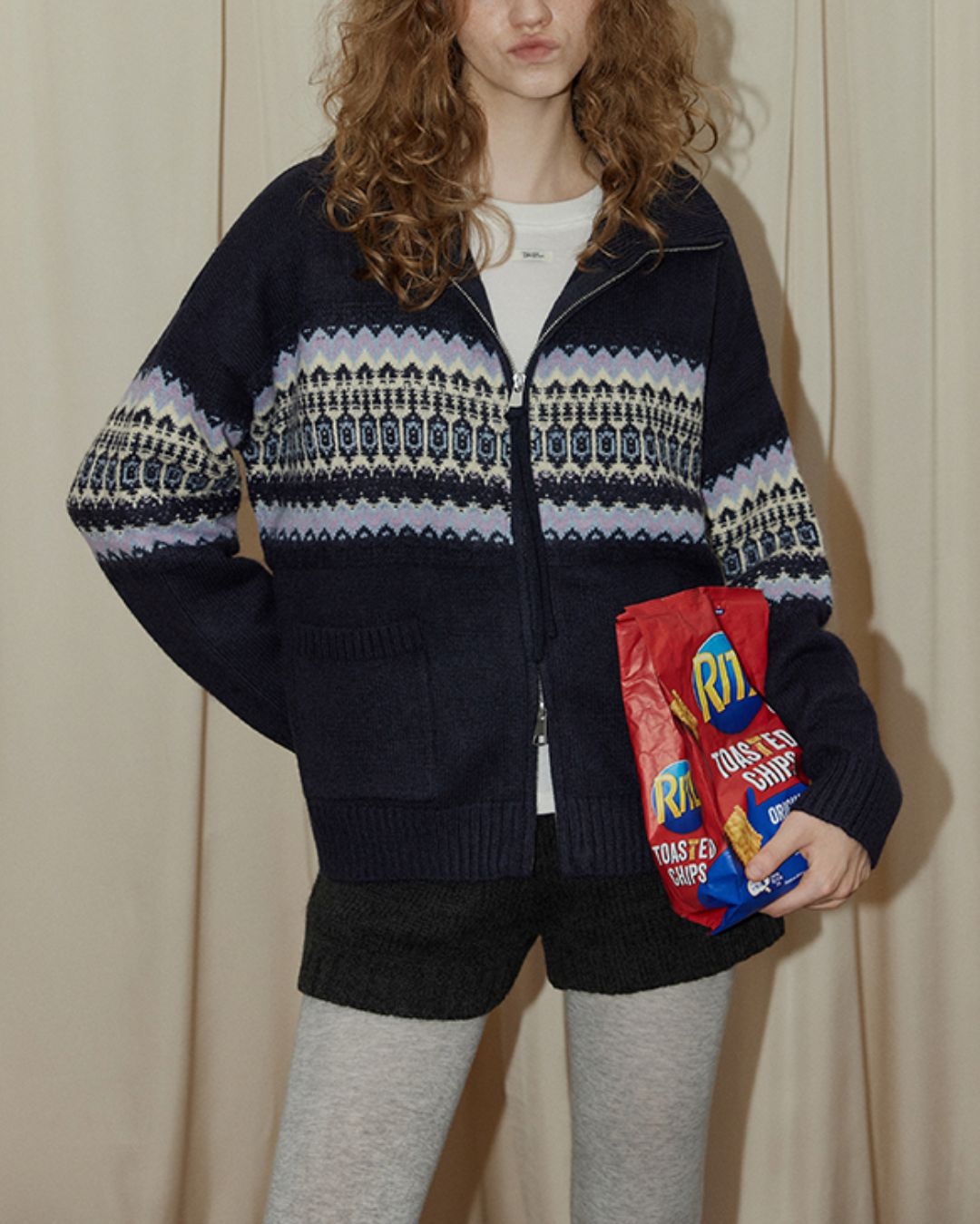 Stand-collar Fair Isle Knit Cardigan　KN049