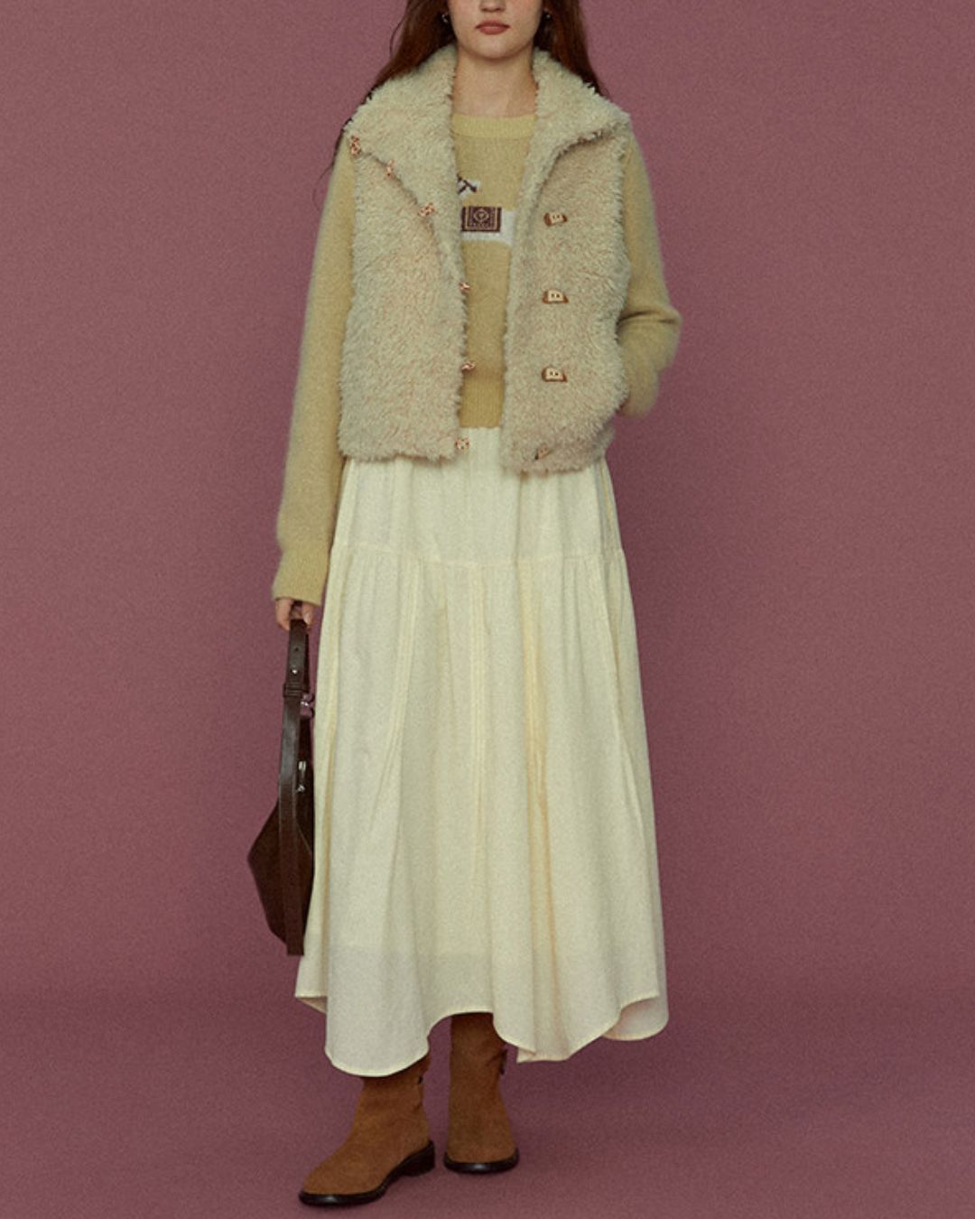 Asymmetrical Wooden Button Boa Vest　VT019