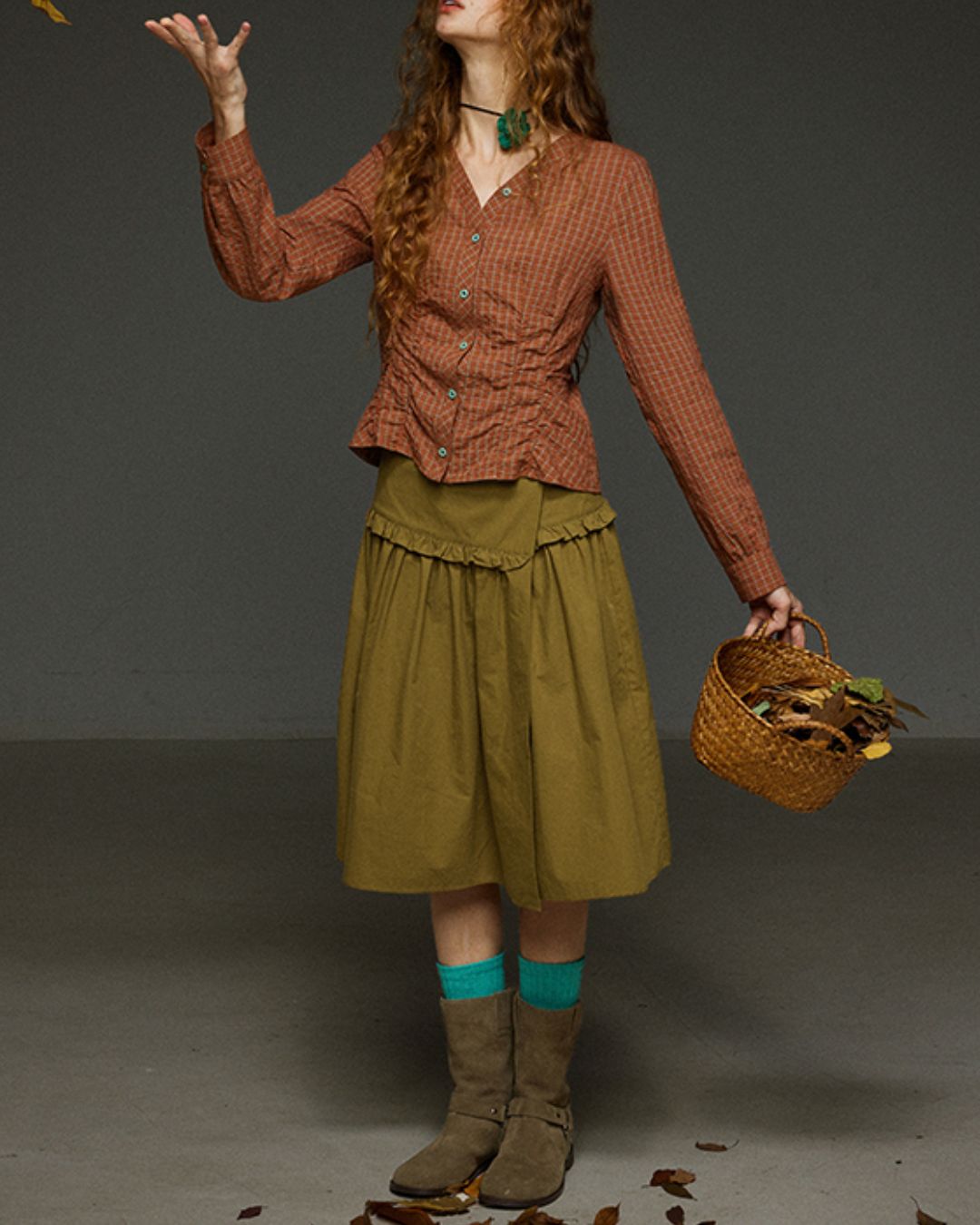 Check V-neck Shirred Shirt　LS028