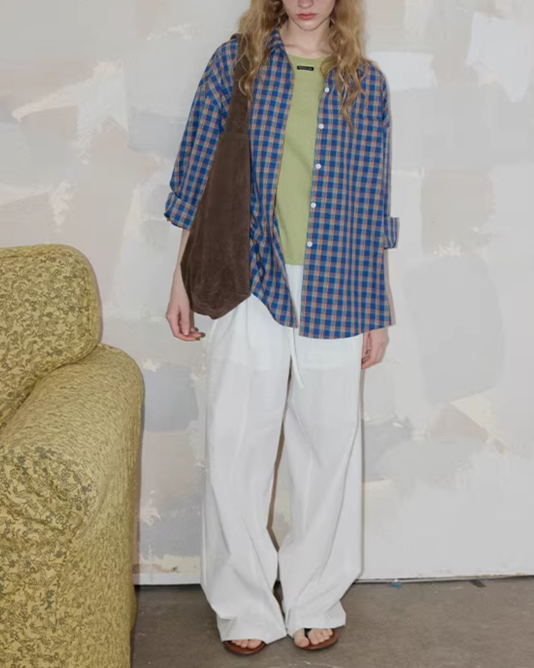 Loose Color-block Check Shirt　LS070