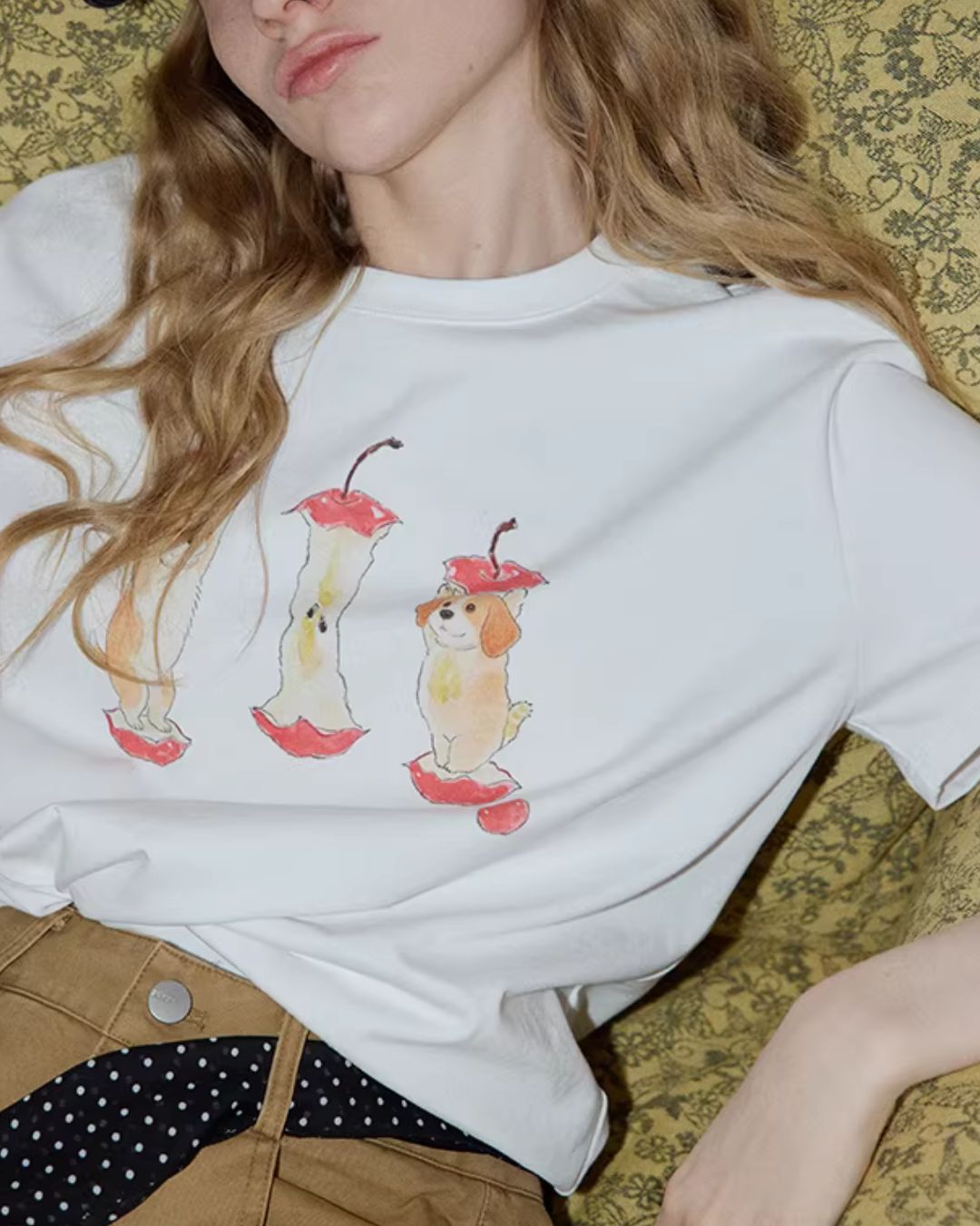 Puppy & Apple Print T-Shirt　ST006