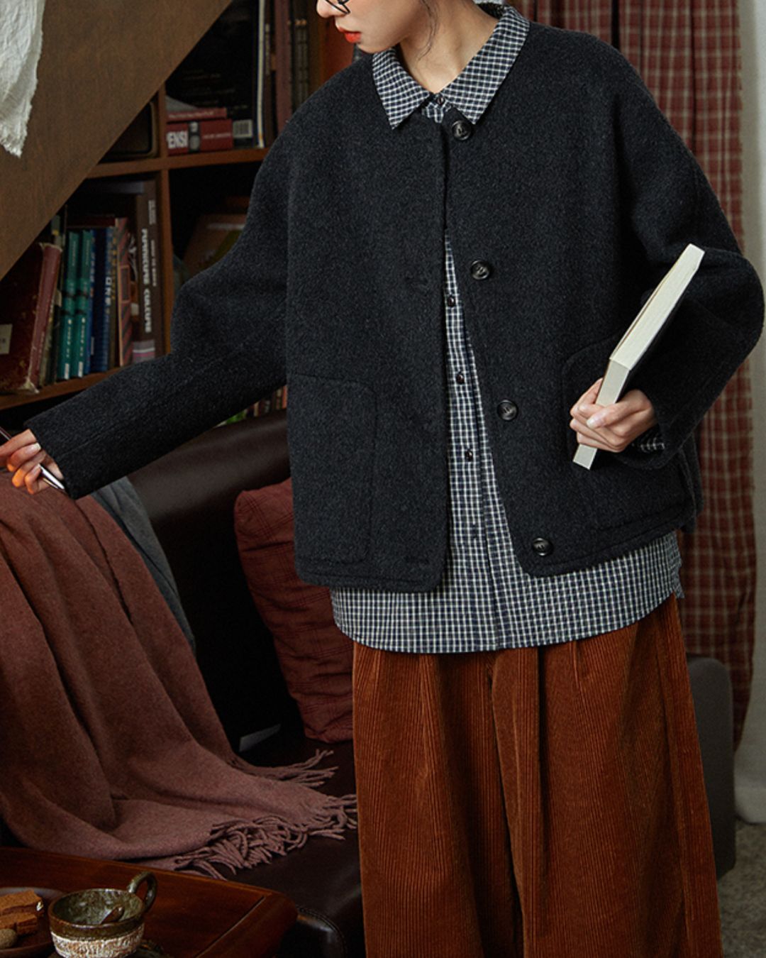 Collarless Relaxed Wool Jacket　JK033