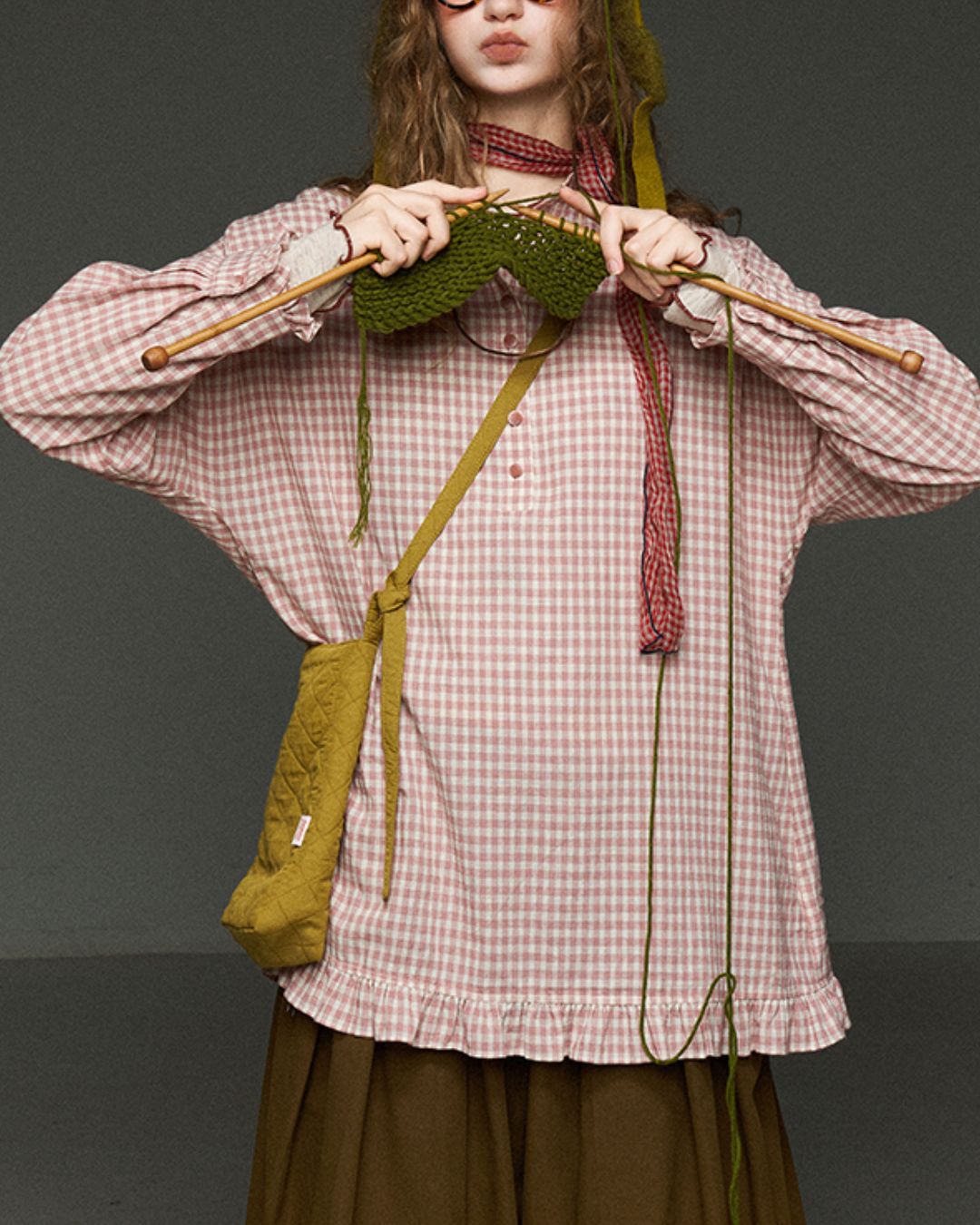 Pink Checked Ruffle Shirt　LS027