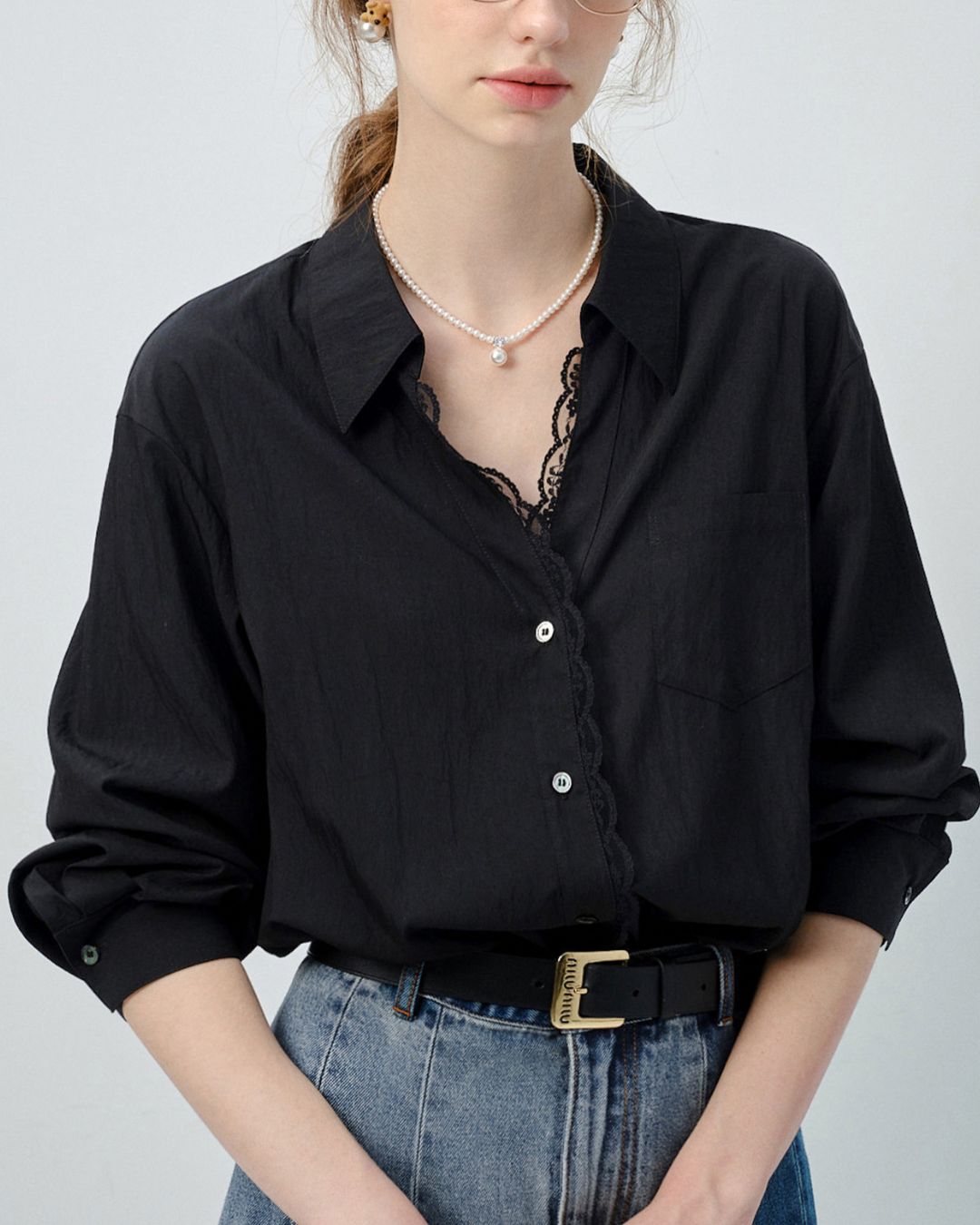 Lace V-neck French Shirt　LS033