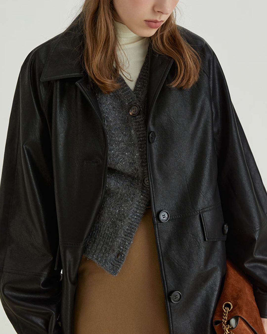 Mid-length Collared Leather Jacket　JK036