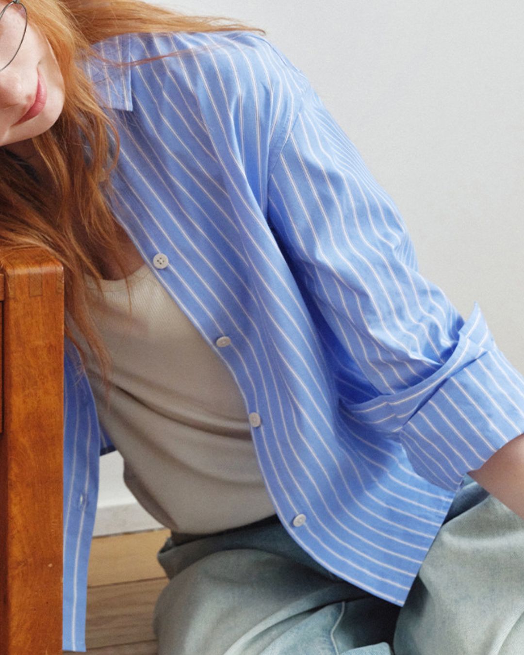 Blue Striped Cropped Shirt　LS052