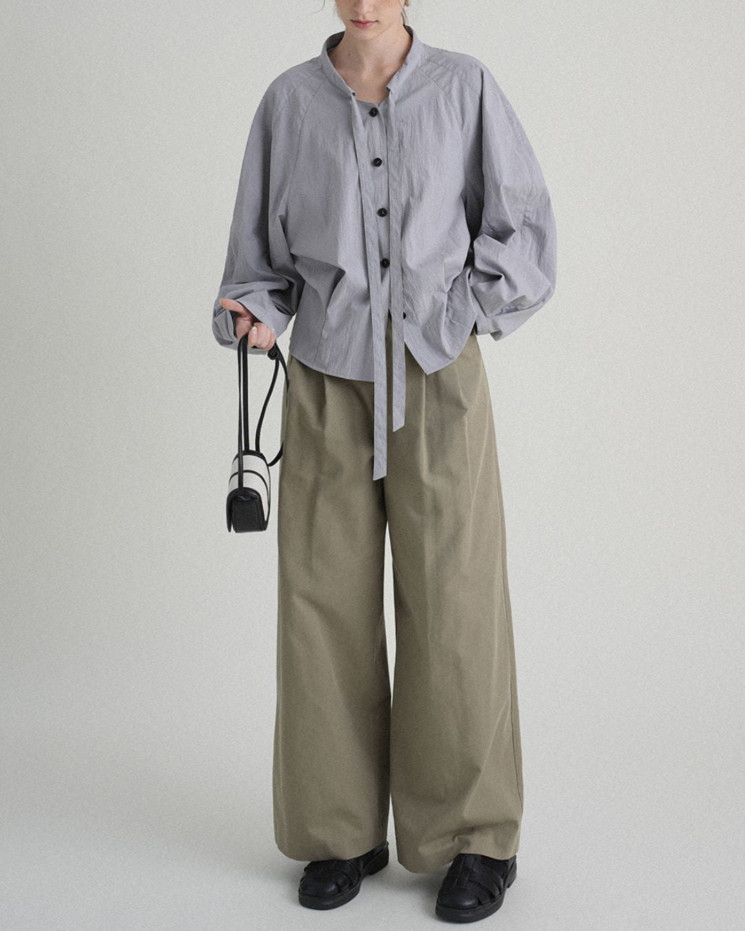 Pleated Raglan Bow Tie Shirt　LS021