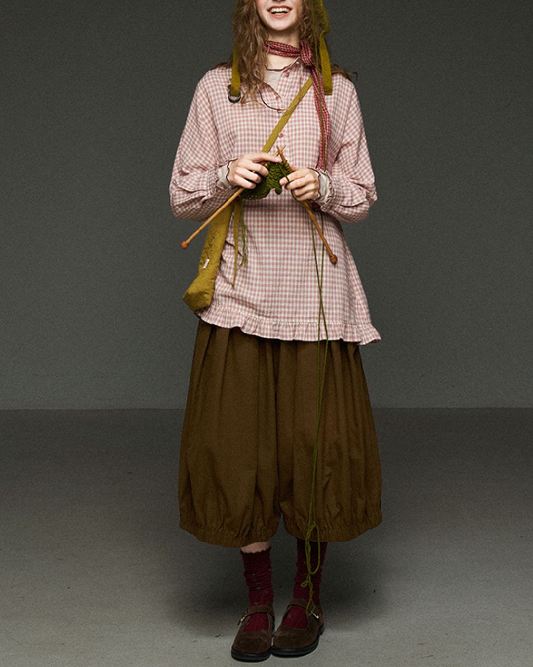 Pink Checked Ruffle Shirt　LS027