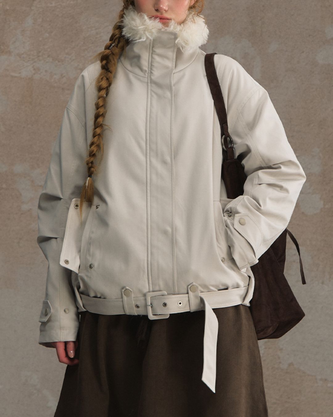 Belted Fur-lined Twill Jacket　JK064