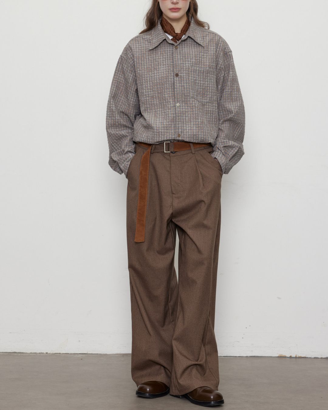 Gradient Button Gray-brown Check Shirt　LS048