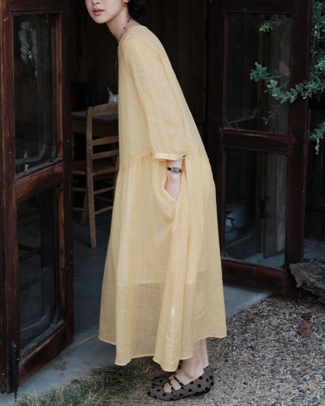 Ramie Drawstring A-Line Dress　OP005