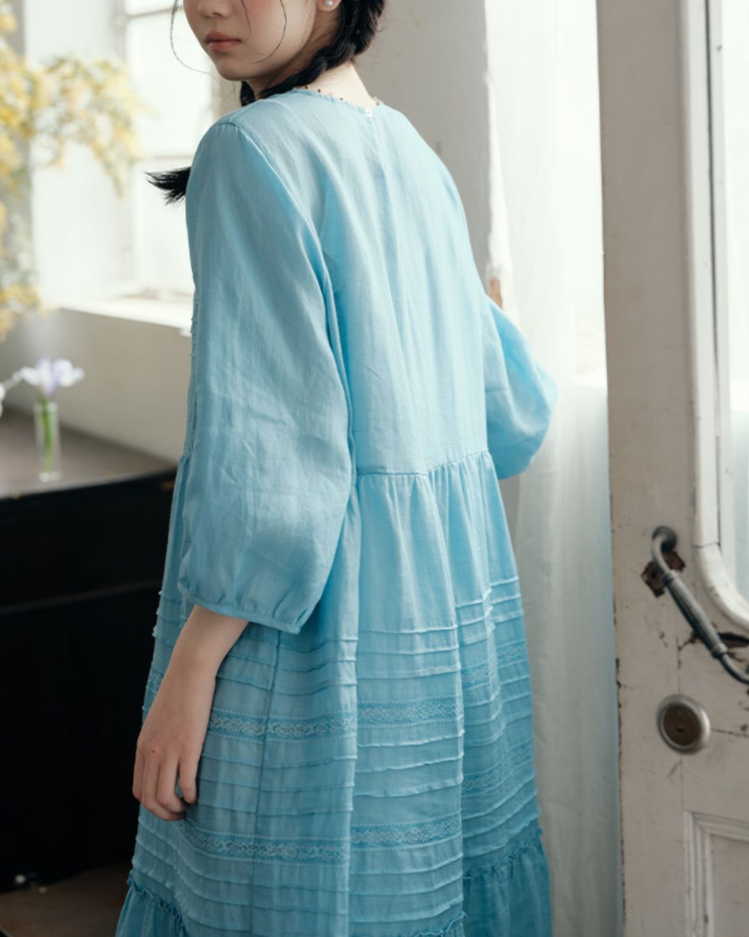 Round Neck 3/4 Sleeve Ramie Dress　OP004