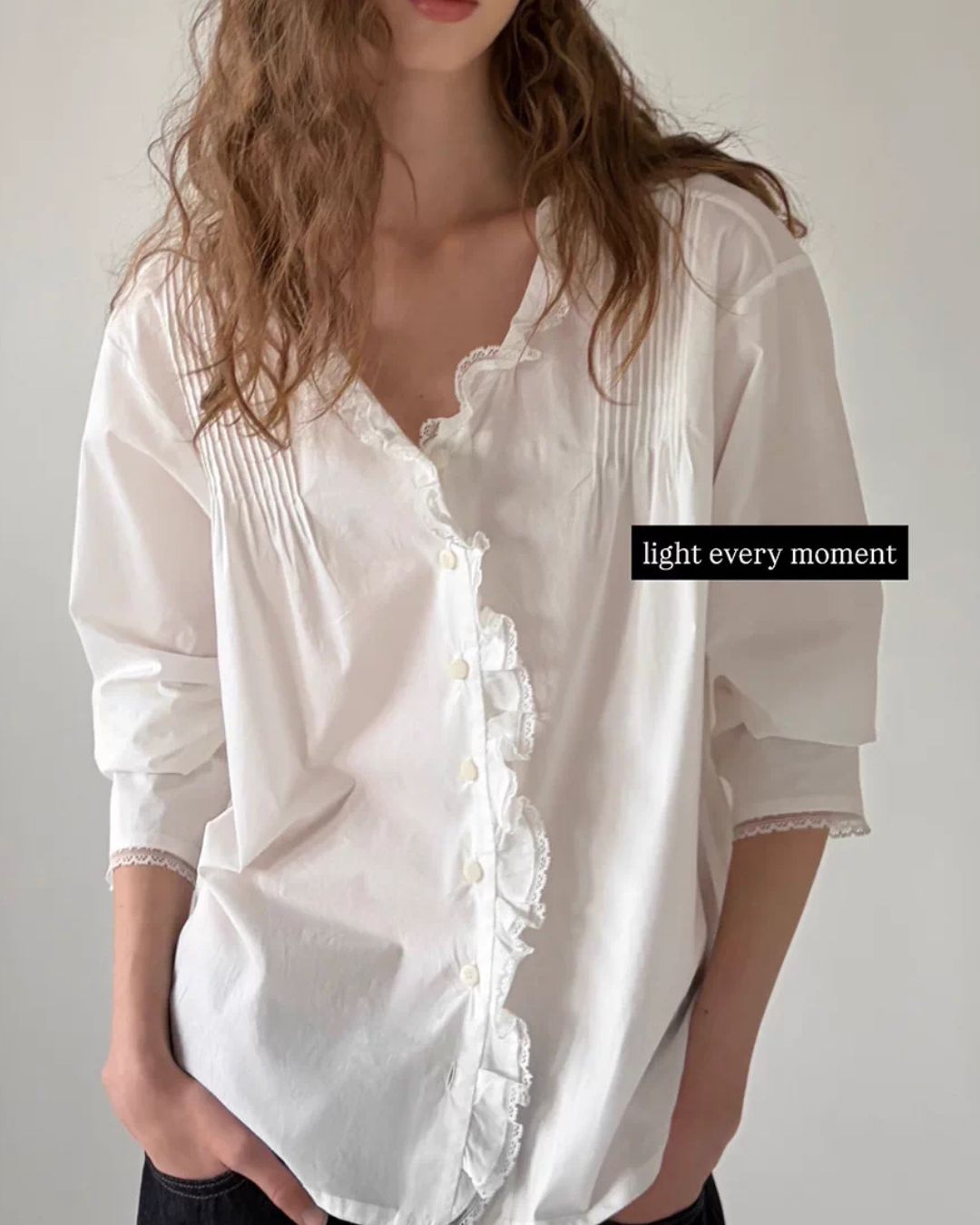 Frilled V-neck Lace Embroidered Shirt　LS067