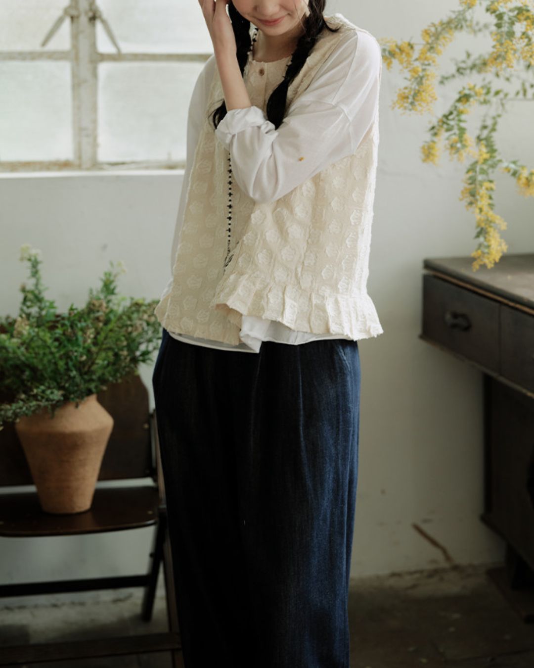 Cotton Linen Jacquard Peplum Vest　VT017