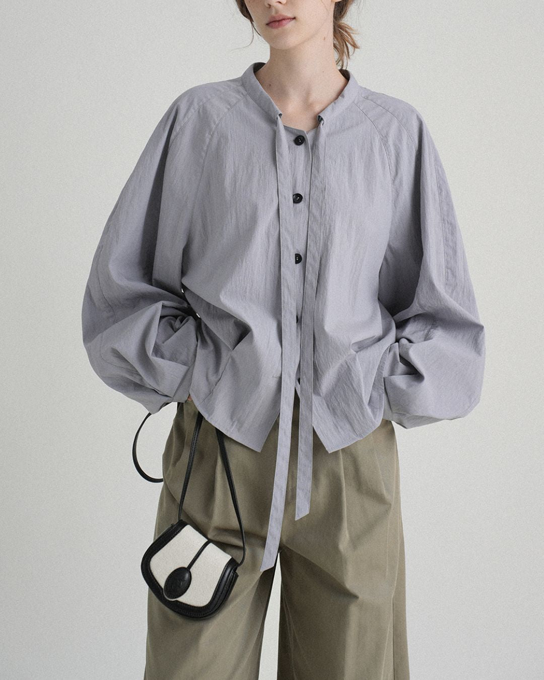 Pleated Raglan Bow Tie Shirt　LS021