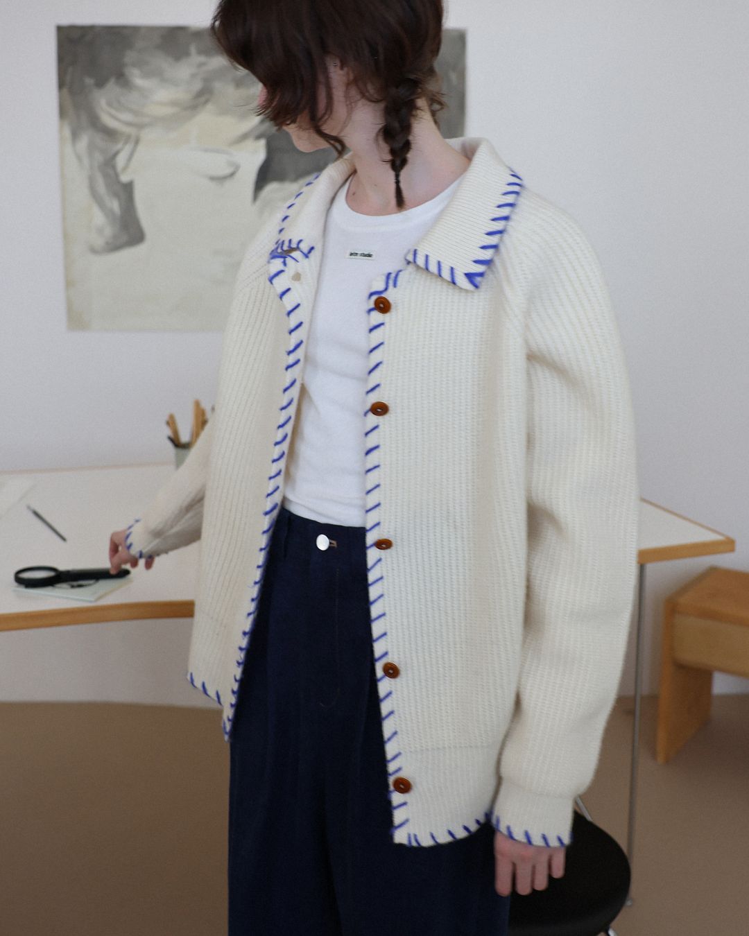 Contrast Stitch Wool Knit Cardigan　KN028