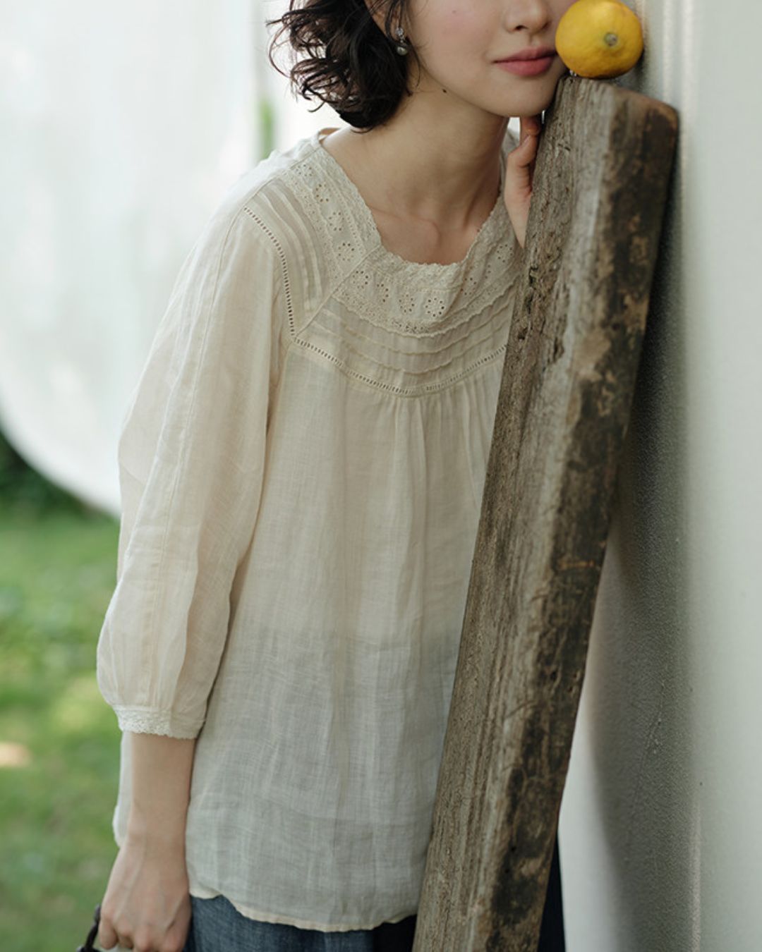 Lace Square Neck Ramie Shirt　LS062