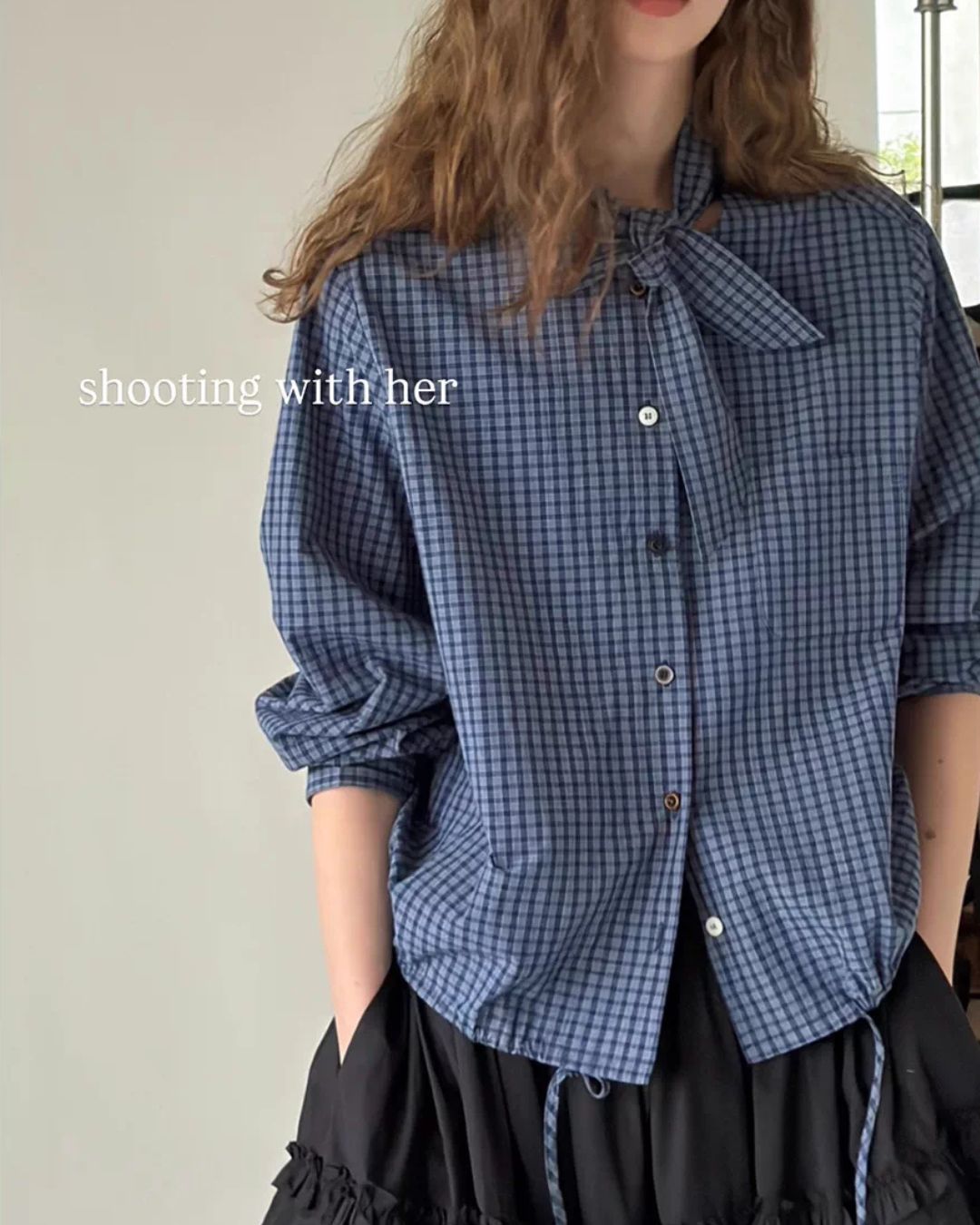 Bow Tie Ribbon Check Shirt　LS068