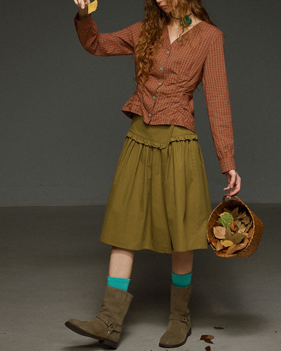 Check V-neck Shirred Shirt　LS028