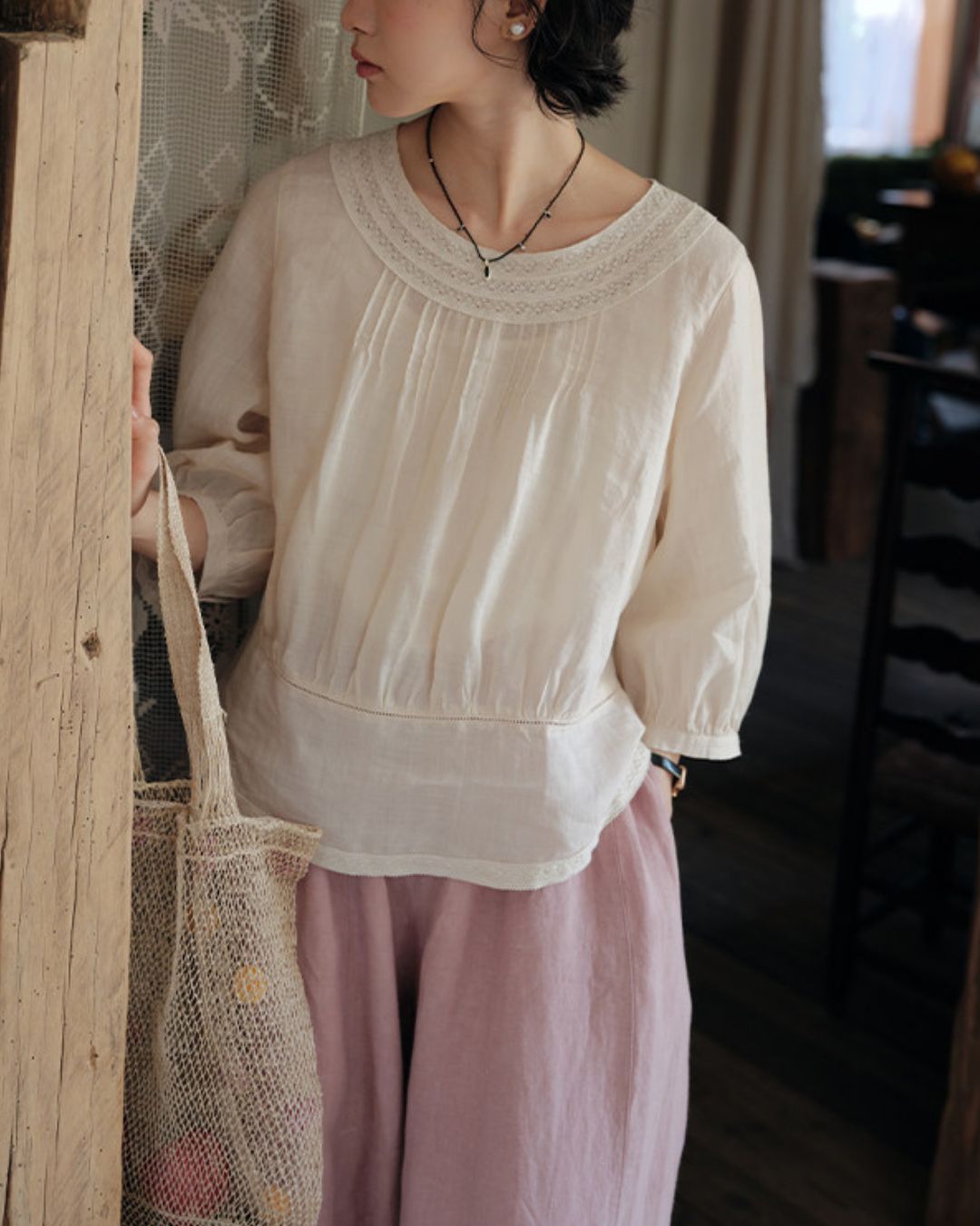 Back Button Lace Round Neck Shirt　LS045