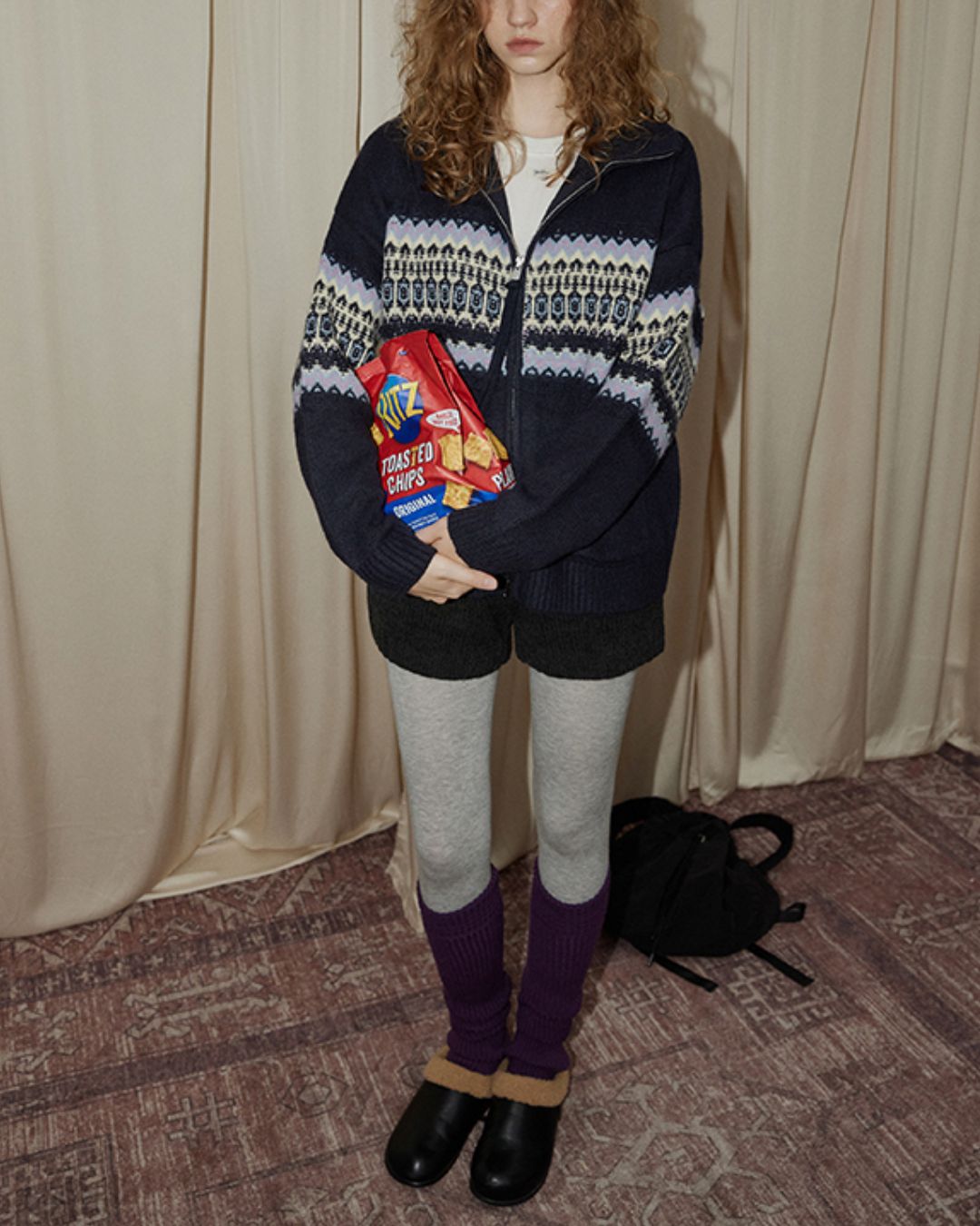 Stand-collar Fair Isle Knit Cardigan　KN049