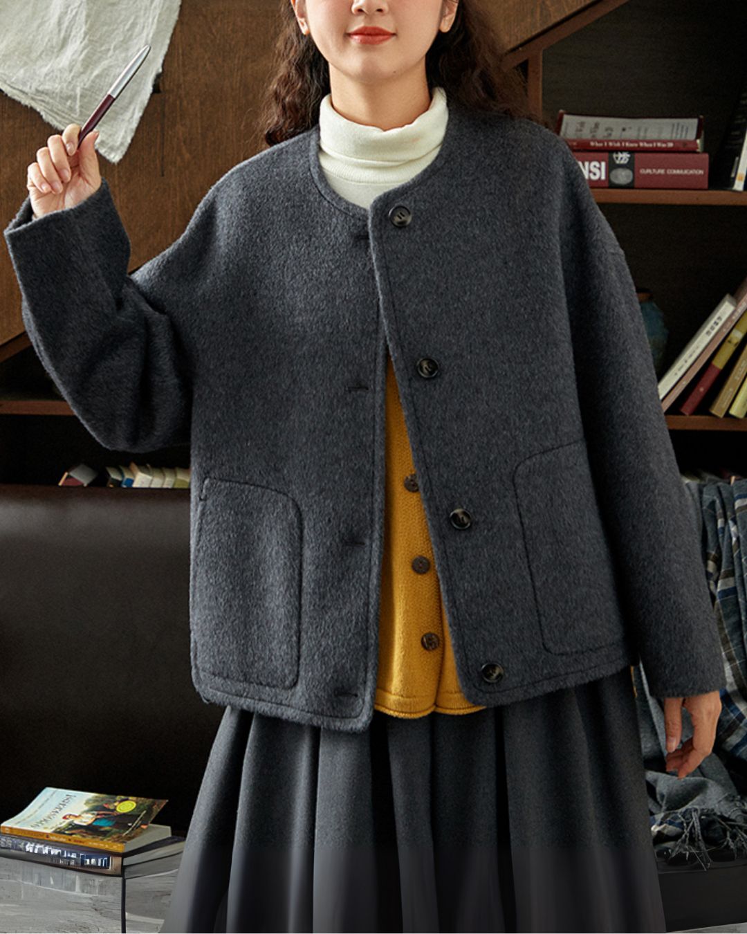 Collarless Relaxed Wool Jacket　JK033