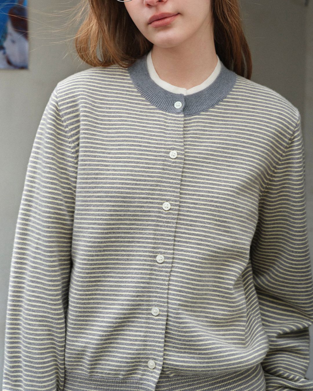 Fake Layered Fine Border Knit Cardigan　KN099