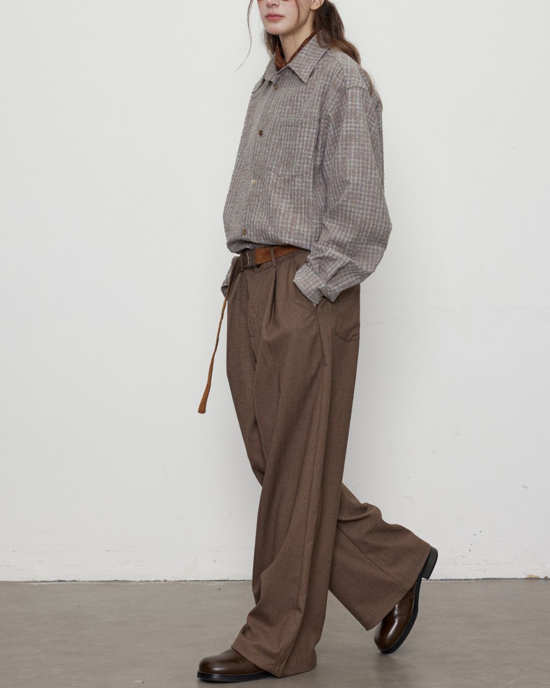 Gradient Button Gray-brown Check Shirt　LS048