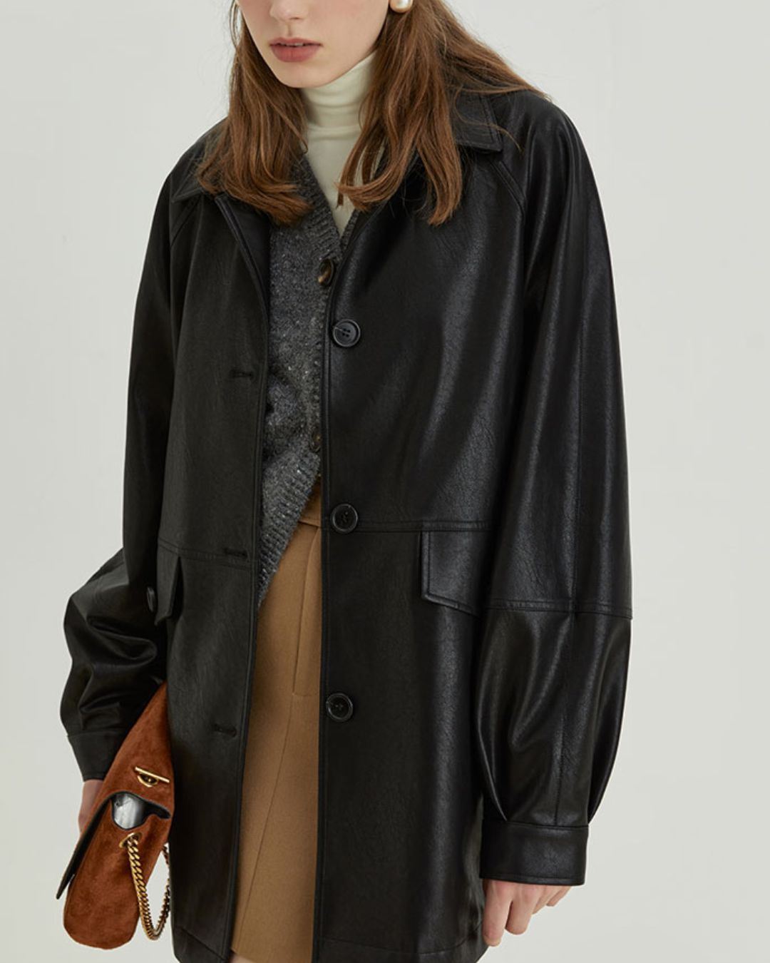 Mid-length Collared Leather Jacket　JK036