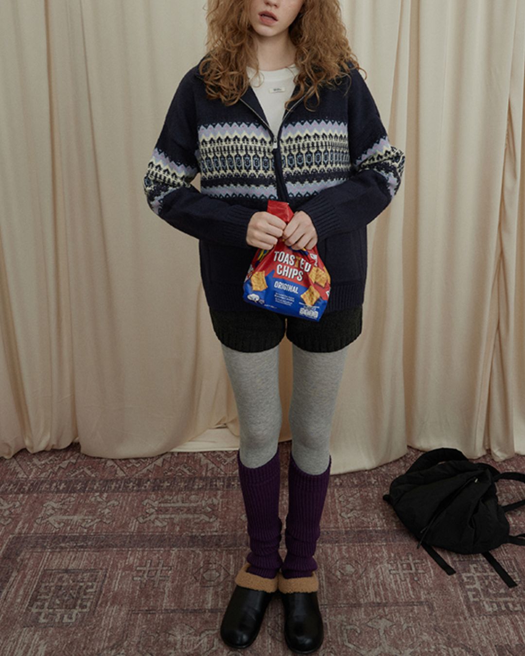 Stand-collar Fair Isle Knit Cardigan　KN049