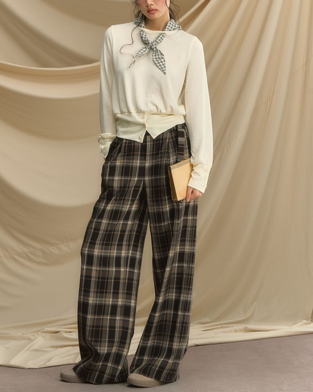 Checkered Scarf Buttoned Top　LT005