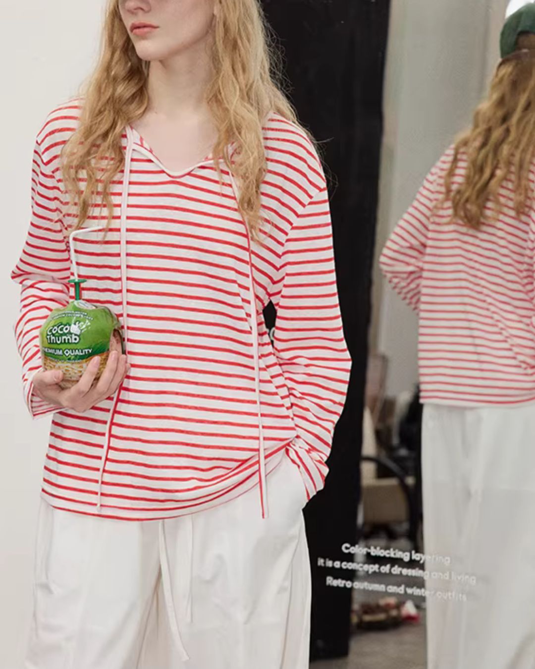 Drawstring V-neck Border T-shirt　LT027