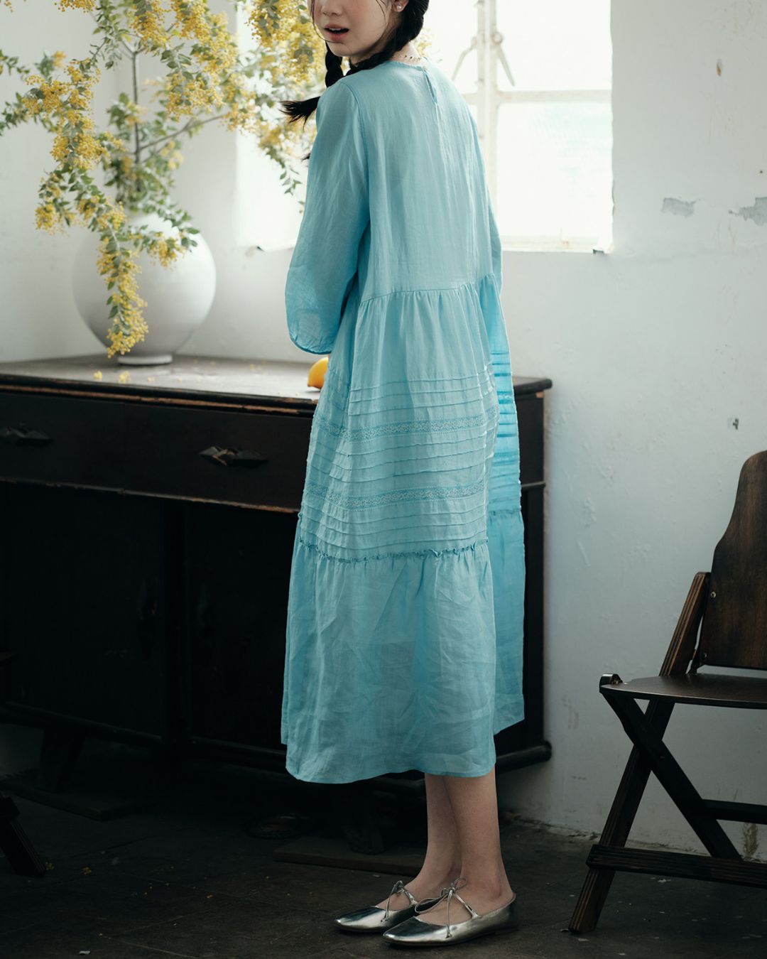 Round Neck 3/4 Sleeve Ramie Dress　OP004