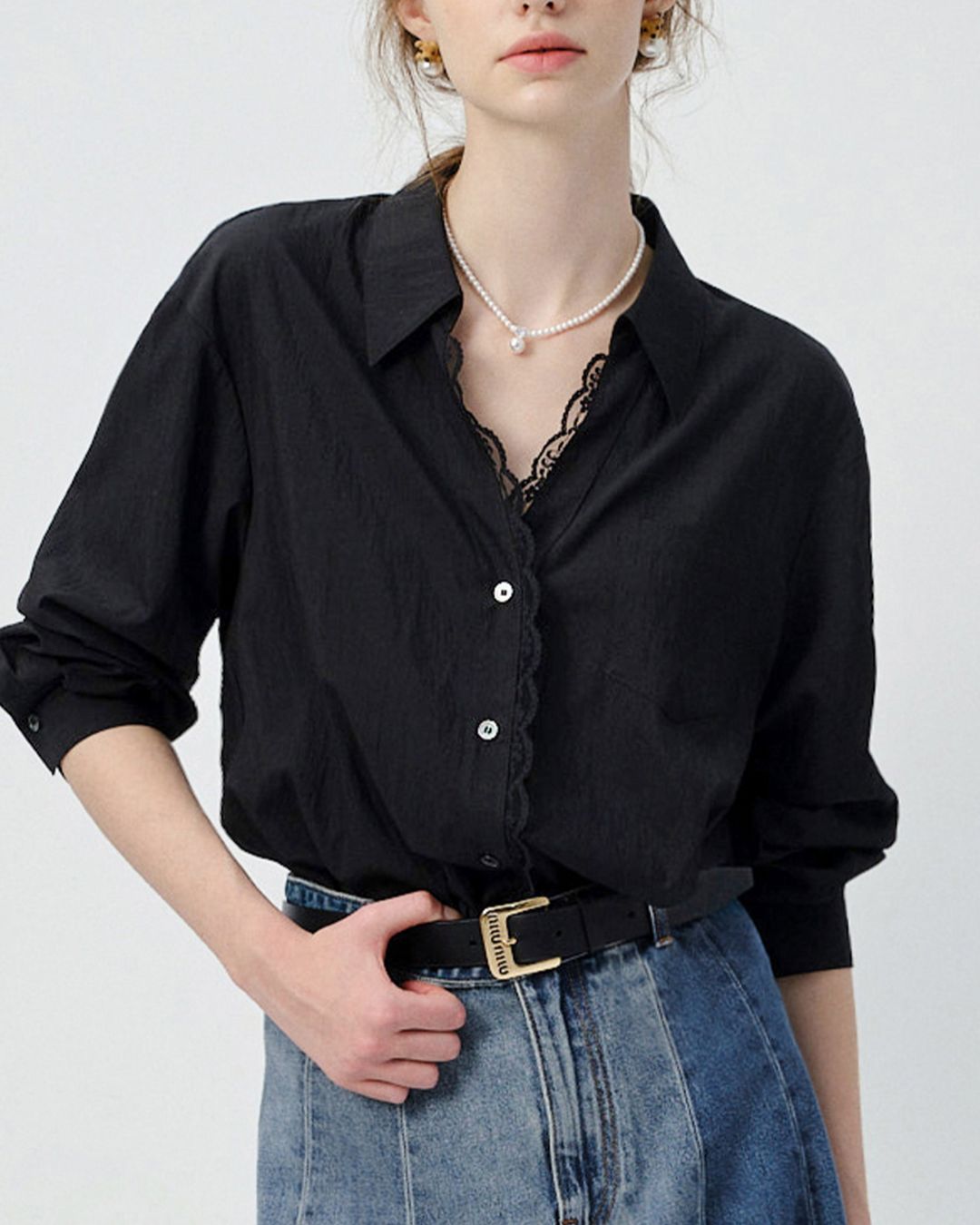 Lace V-neck French Shirt　LS033