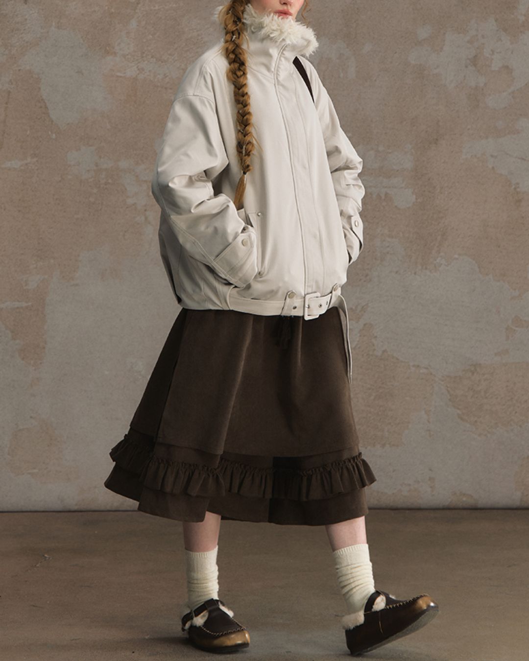 Belted Fur-lined Twill Jacket　JK064