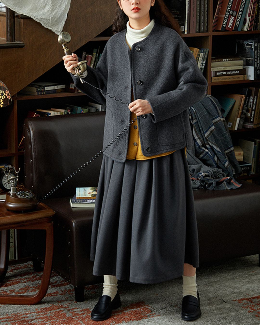 Collarless Relaxed Wool Jacket　JK033