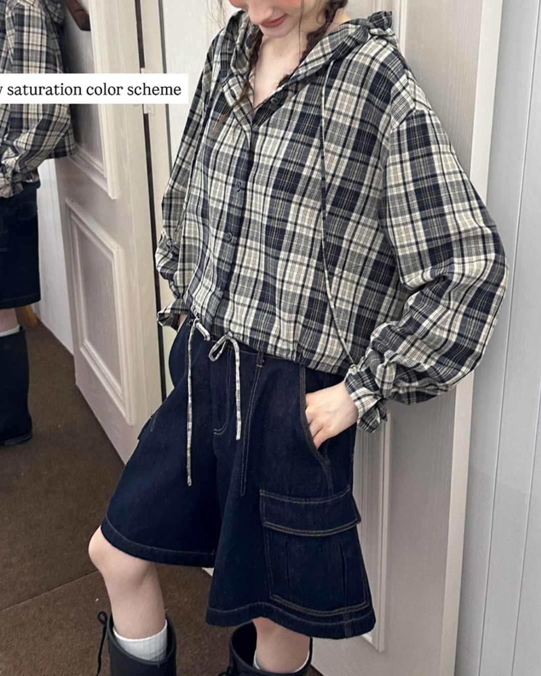 Hooded Drawstring Checked Shirt　LS018